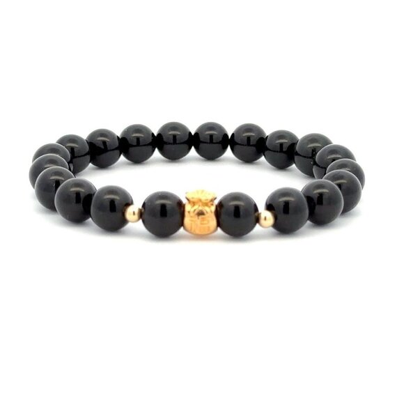 18K Gold Money Bag Lucky Charm Beads Bracelet Gemstones Obsidian 8mm - Picture 1 of 10